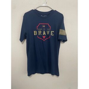 Under Armour Project Rock T-Shirt Mens Small Blue Home of the Brave USA Flag